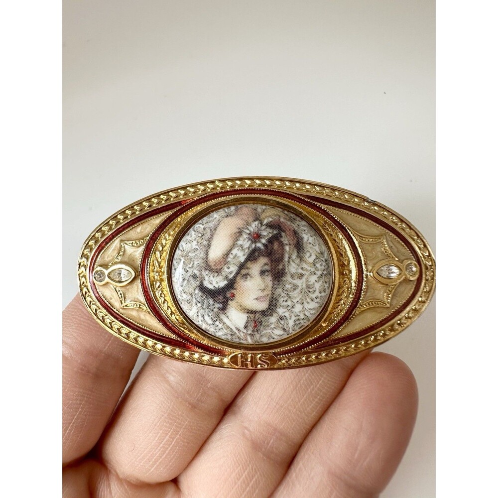 Avon President's Club Porcelain Enamel Rhinestone Lady Cameo Brooch Vintage